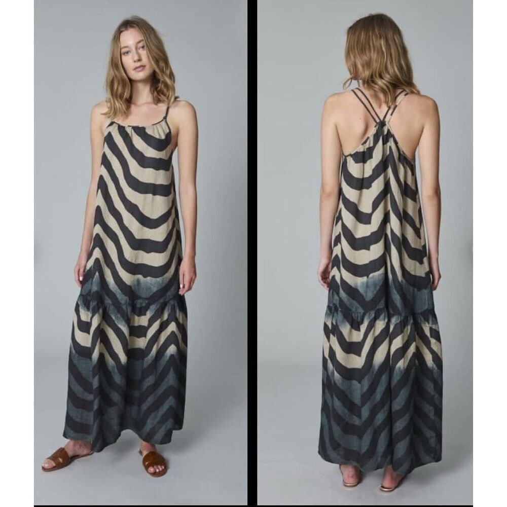 120% LINO Italian Linen Ombré Tiered Maxi Dress Size 38IT
